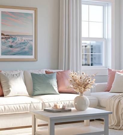 Living room features a cozy sofa with colorful pastel cushions situated next to a side table and lamp while potted trees frame the bright window area in a beautifully decorated family home.